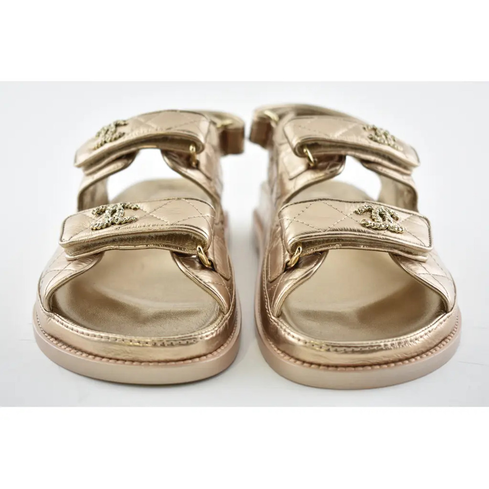 Chanel 21C Bronze Quilted Chain CC Logo Mule Slide Strap Flat Teva Dad Sandal 37 - Picture 5 of 12